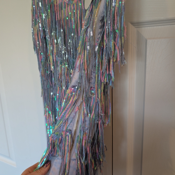 Luxxel Iridescent Fringe Sequin Mini Dress in Lavender - Picture 2 of 3